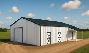 2 stall horse barn with tack room in green and white