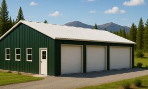 metal 3 car garage in green and white