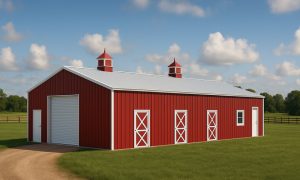 3 stall horse barn with tack room in red and white with cupolas