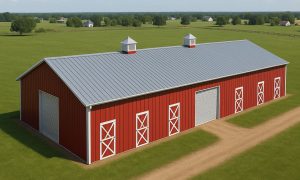 aerial shot of a 12 stall horse barn with tack room and wash rack in red and white