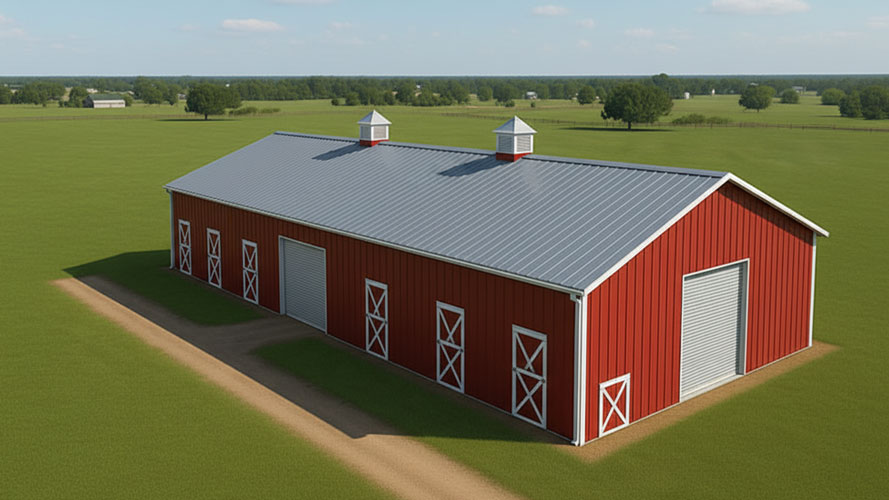 photo of a 12 stall horse barn with tack room and wash rack in red and white