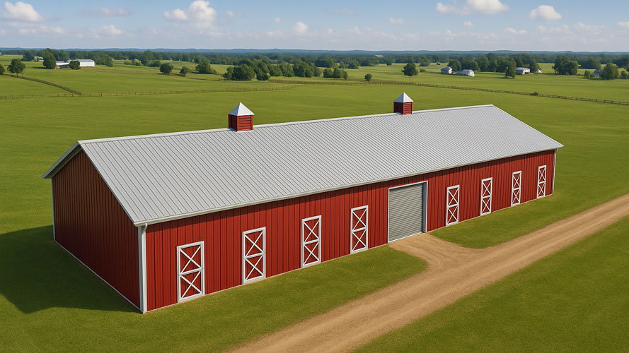 aerial shot of a 16 stall horse barn with tack room and wash rack in red and white