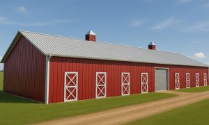 16 stall horse barn with tack room and wash rack in red and white