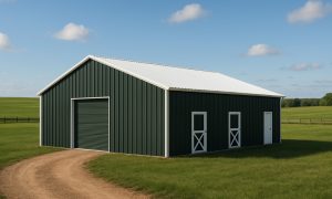 4 stall horse barn with tack room in green and white