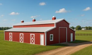 6 stall horse barn with tack room in red and white