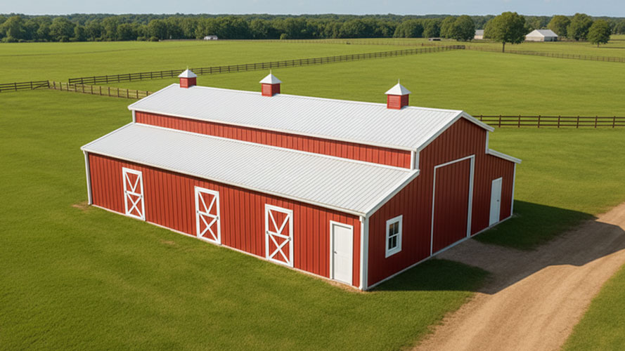 aerial shot of a 6 stall horse barn with tack room in red and white