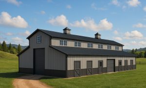 monitor style 8 stall horse barn with tack room in brown and beige