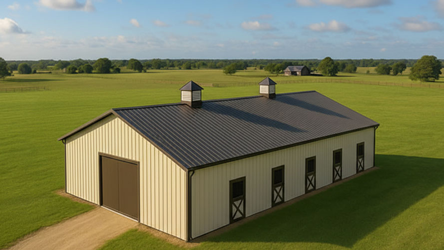 aerial shot of a 10 stall horse barn with tack room in brown and beige