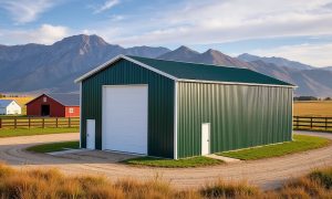 Agricultural barn building in green with white trim