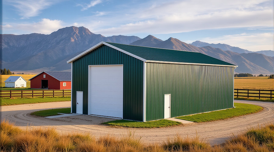 Agricultural barn building in green with white trim