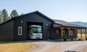 rv barn with living quarters in black with entry porch