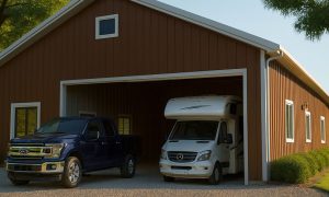 detached rv oversized garage in brown and white