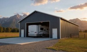 RV storage garage in gray and white