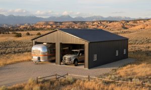 trailer garage in charcoal gray with two parking stalls