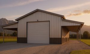 prefab recreational vehicle storage building with lean to in brown and tan