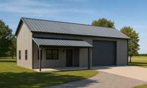 one-level steel RV building with attached 1 bedroom accommodation
