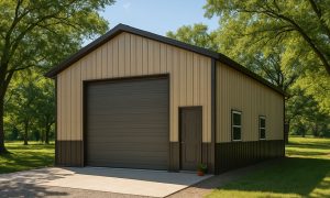 metal rRV storage garage in brown and taupe