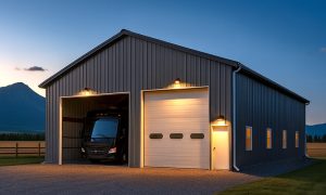 detached double oversized garage for RVs in charcoal gray