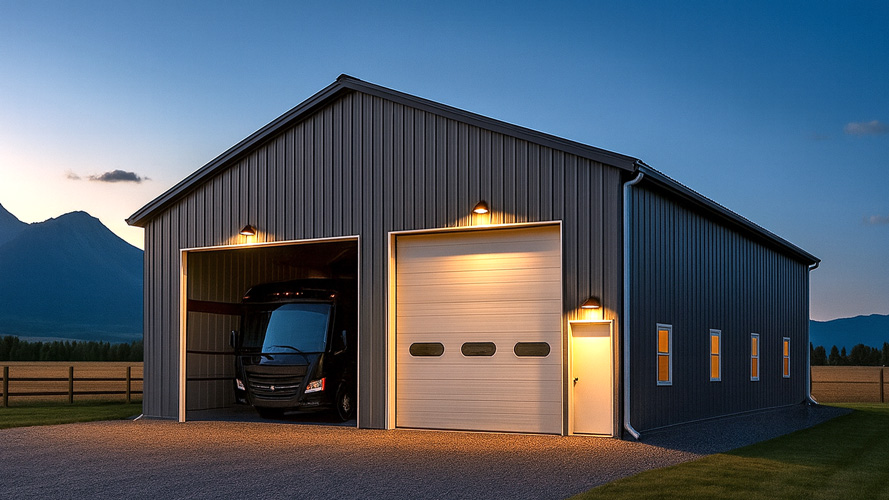 detached double oversized garage for RVs in charcoal gray