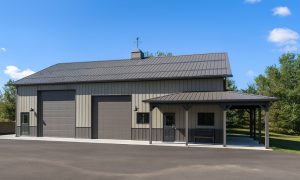 recreational vehicle garage with man cave and covered porch in charcoal gray