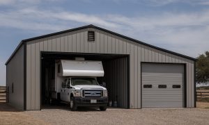 camper barn in gray and black with two parking stalls