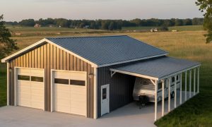 metal garage with attached rv carport and two parking bays