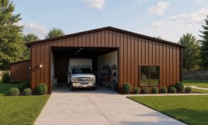 metal RV shed in brown and black with one parking bay and shop space