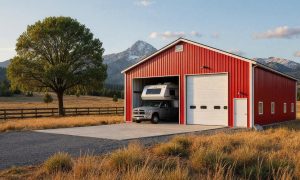 large camper shed in red and white with two parking bays