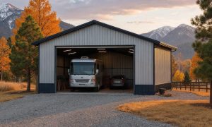 Large storage shed for RVs in black and gray