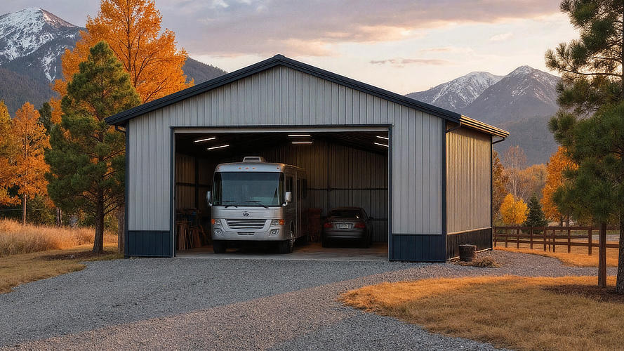 Large storage shed for RVs in black and gray