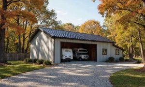 Large steel rv double garage with attached shop with attached workshop