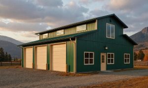 large rv garage with loft and three parking stalls finished in green and cream