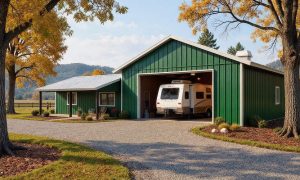 Large metal recreational vehicle garage with attached living space in green and white