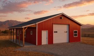 RV parking garage metal building in red and white with lean to