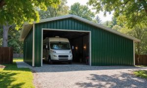 Large rv metal garage in green and white