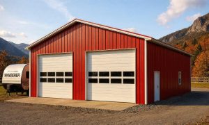 Detached travel trailer garage with two bays in red and white
