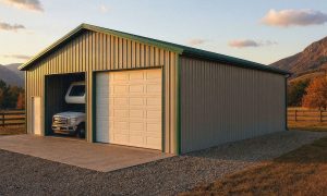 Detached camper storage shed in beige and green