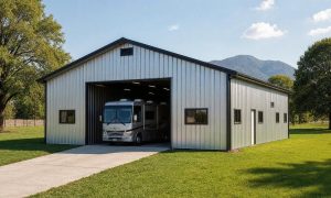 Large shed for an rv in silver with black trim