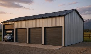 Detached 3 car garage with rv bay in brown and beige
