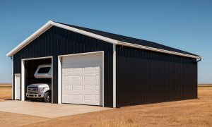 Detached garage for camper in black and white