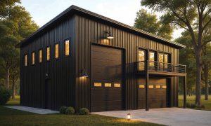 Custom RV parking garage with loft space in black