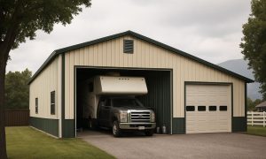 Shed for camper in cream with green trim