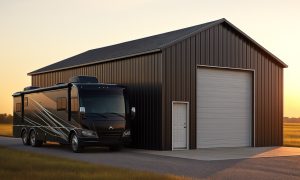Steel RV garage in bronze and gray
