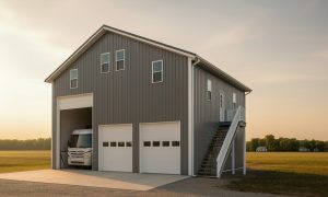 Large custom motorhome storage building with loft space