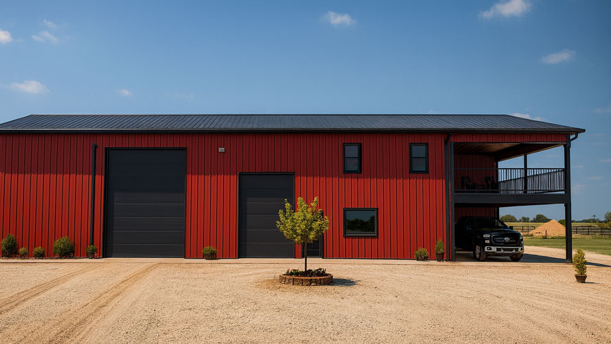 Side shot of a 30x50 barndominium in red black