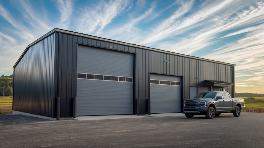30x50x14 commercial metal garage building in dark gray