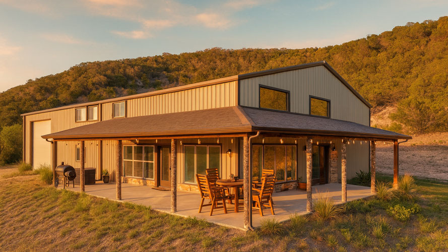 Three bedroom 30x60 barndominium with wrap around porch