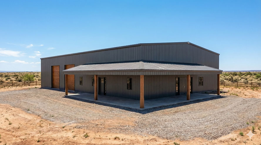 Low angle shot of a modern barndominium shop house in black