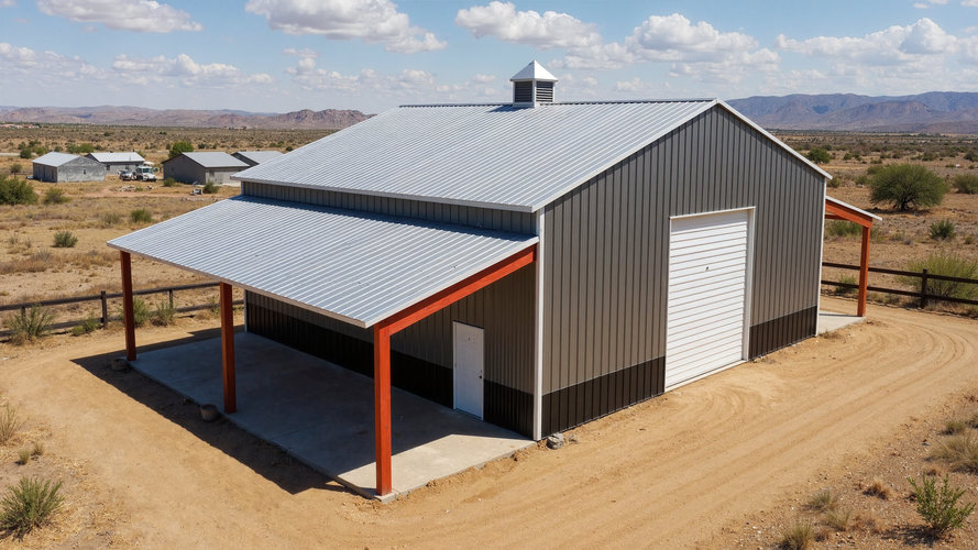 Double lean to barn in gray and silver