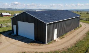 large farm storage barn in black with roll up doors on each end